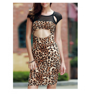 Chic Round Collar Leopard Print Cut Out Voile Spliced Dress For Women - Leopard